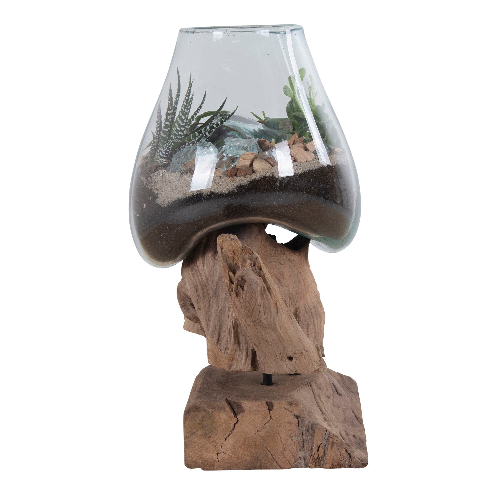 Glas-Dekoration auf Teakholz, h25 cm